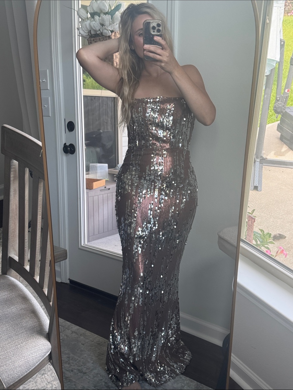 Strapless Sequin Evening Gown in Brown Silver - Picture 6 of 9